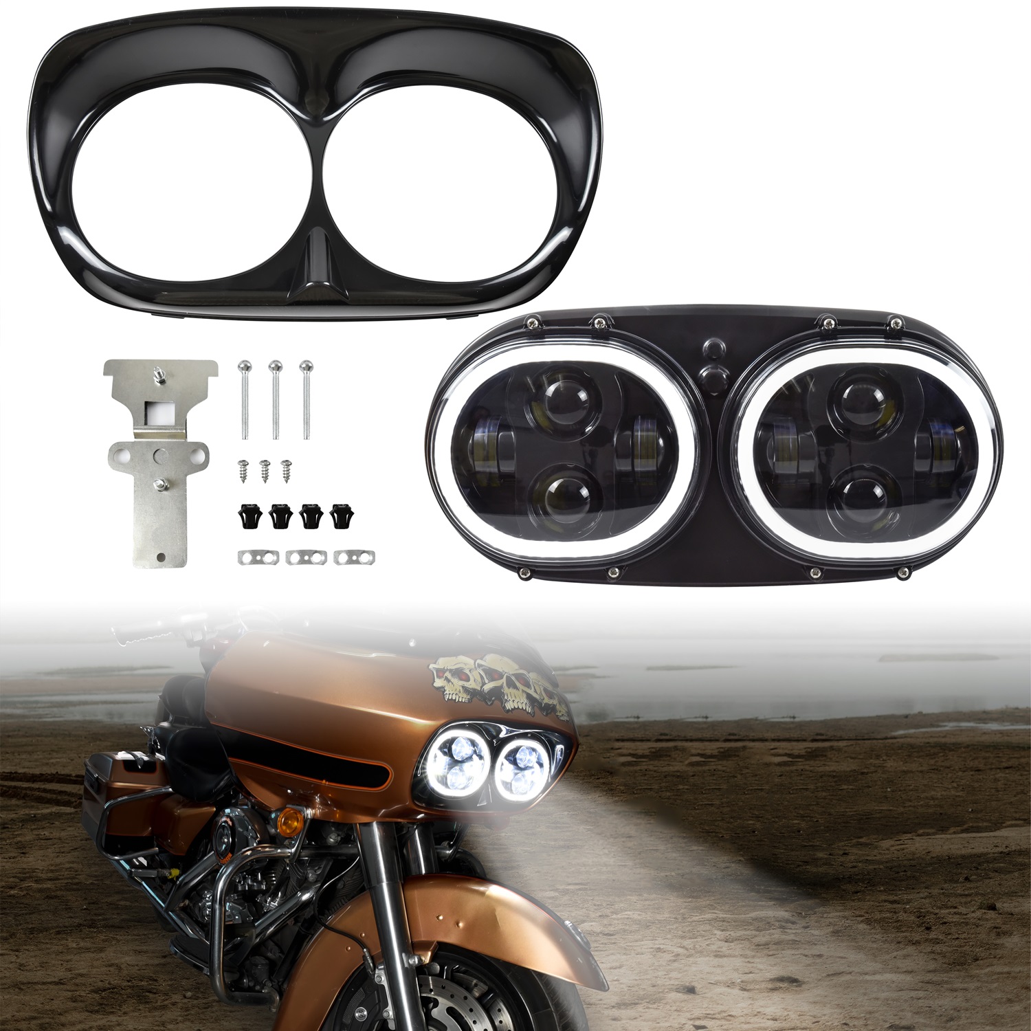 Dual LED Headlight with Halo Ring for Harley Road Glide 2004-2013